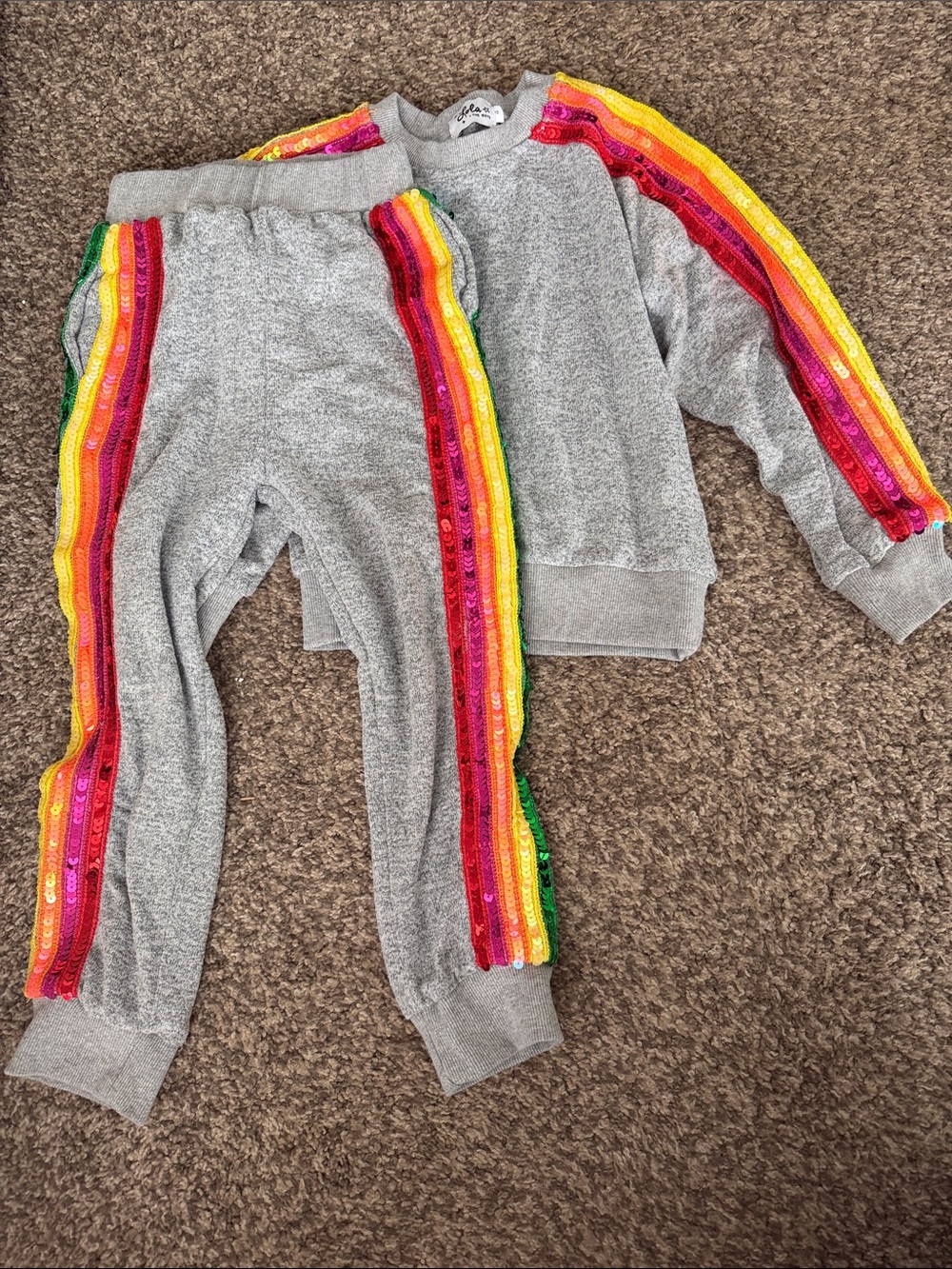 Lola + the Boys - Gray Sweatpants 2 piece set with Rainbow Sequin Side Stripes
